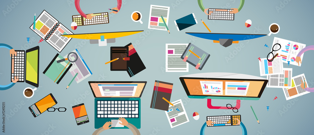 Poster ideal workspace for teamwork and brainsotrming with flat style.