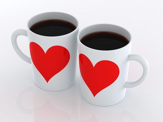 Heart on two mugs of coffee. Isolated on a white background.