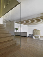 inerior view of a modern living room with wood floor