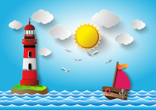 Sailing boat and cloud with lighthouse.