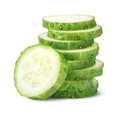 Pile of cucumber slices isolated on white