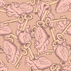 Cute vector keys and hearts seamless pattern