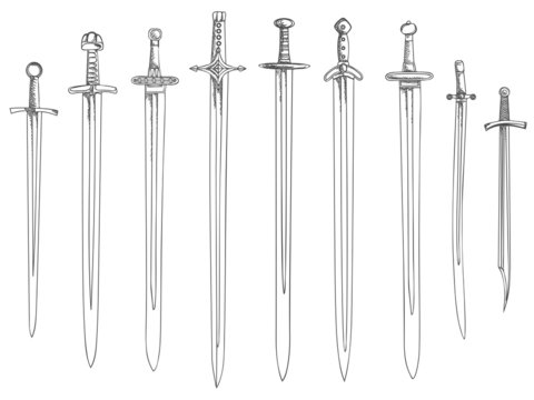 Vector illustration set of swords (drawn in ink).