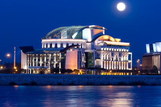 Hungarian National Theater At Night With Moon In Budapest