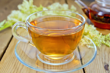 Tea from fresh meadowsweet in glass cup and teapot