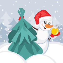 Snowman and Christmas Tree. Vector illustration.