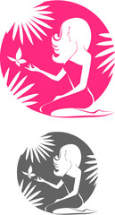 tropical hawaii girl with butterflies and palm leaf