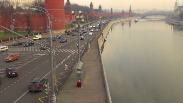 The bustling traffic of cars and vehicle timelaps titl shift