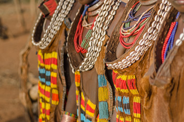 Close up of Hamer tribe women's dresses