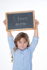 little child lifting panel over her head