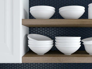 Kitchenware on the shelves.