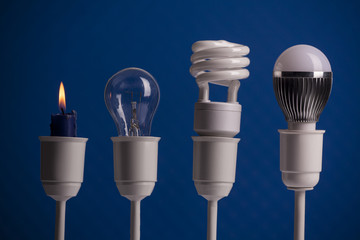 Progress of lighting with candle, tungsten, fluorescent and LED