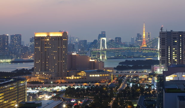 View of Tokyo bay area with rainbow bridge and Tokyo Tower