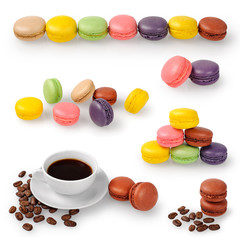 Cup of coffee and macarons isolated on white background