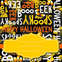kartka plakat zaproszenie Halloween napisy po angielsku kolorowe tło sezon jesień i pusta żółta retro ramka z pomarańczową wstążką