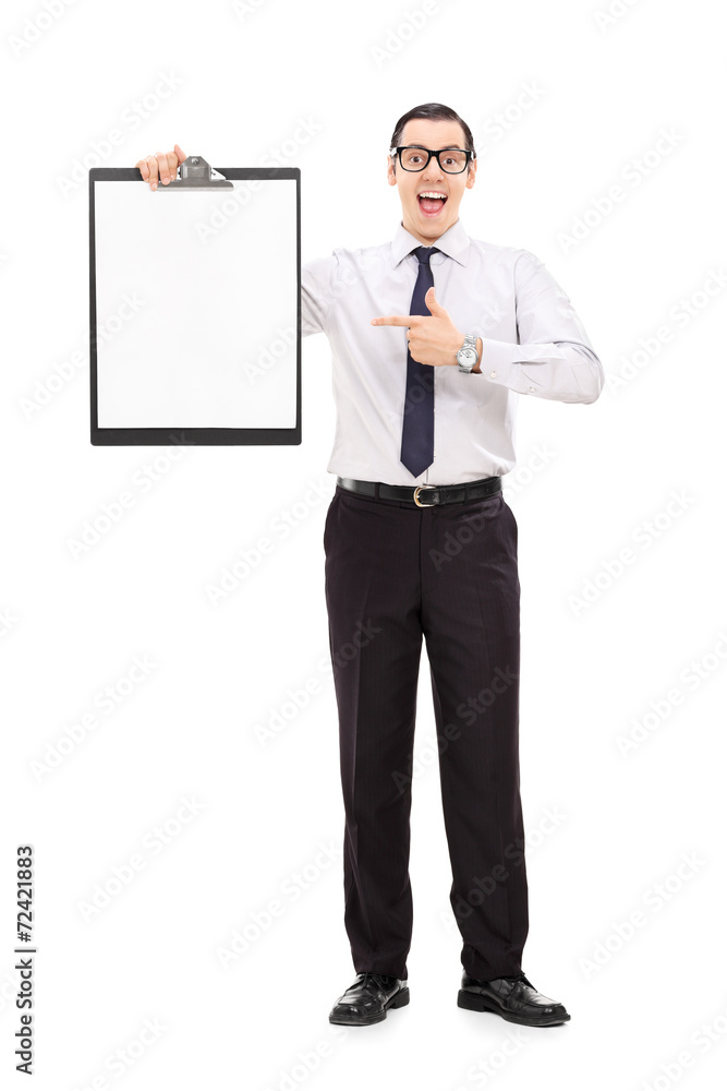 Poster Happy business guy pointing on a clipboard