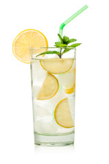 glass of ice water with lemon and mint isolated