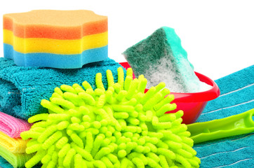 Towels, sponge, microfiber, bowl, supplies for cleaning, houshol