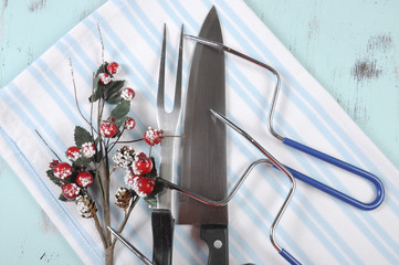 Roast Turkey carving knife, fork and utensil set