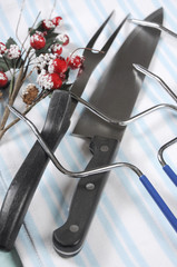 Roast Turkey carving knife, fork and utensil set