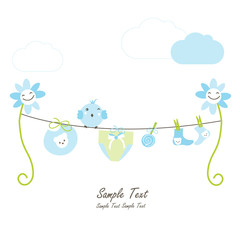 Newborn baby boy, flowers and hanging baby symbols vector