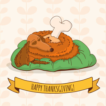 Sleeping Cartoon Dog With Turkey Leg On Autumn Floral Background