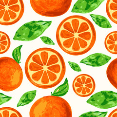 Watercolor orange slices with green leaves, seamless background.