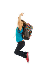 Girl with bag jumping high