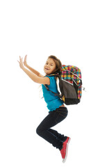 Girl with bag jumping high