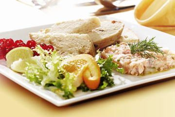 Fresh salmon tartar, bread and vegetable on white plate