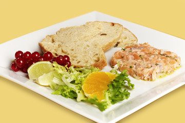 Salmon tartar, bread and vegetable on white plate