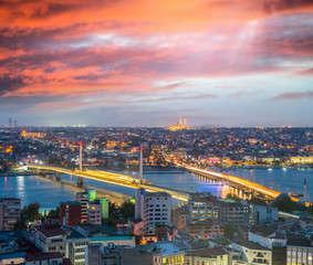 Istanbul night panoramic view and Golden Horn river from Beyoglu