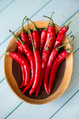 table top view on bowl with fresh red chilli
