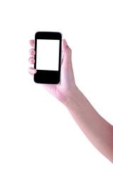 woman hand holding the phone tablet isolated on white background