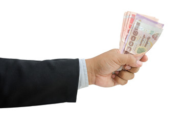business man offer money in hand isolated on white background