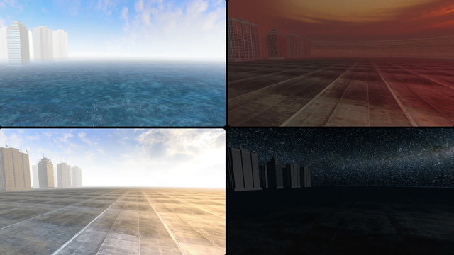 Skyscrapers over cement island at different times