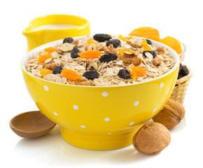 bowl of cereals muesli on white