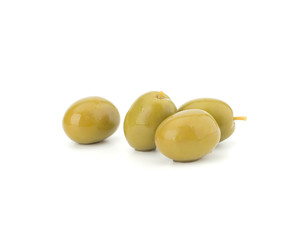 Green olives isolated on white background closeup