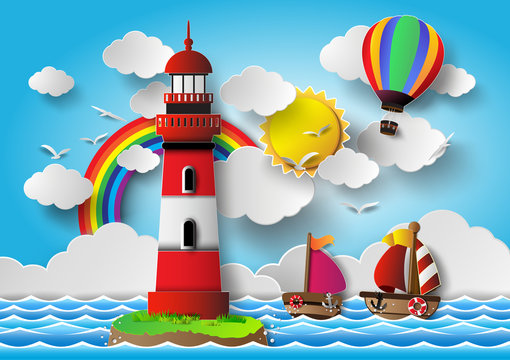 Vector illustration  lighthouse with seascape.