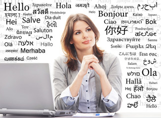 Business woman in office with words isolated on white