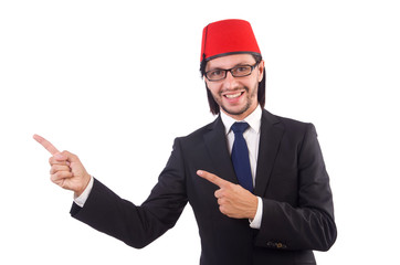 Businessman wearing fez hat isolated on white