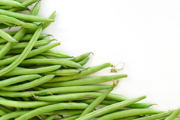 green beans, corner background, isolated on white, copy space