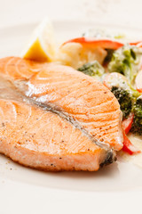 salmon steak with vegetables
