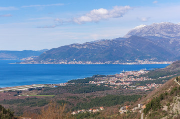 Fototapeta na wymiar View of Bay of Kotor and Tivat city. Winter in Montenegro