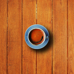 cup of coffee on wooden desk 