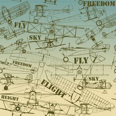 Retro seamless  pattern , old airplanes drawing