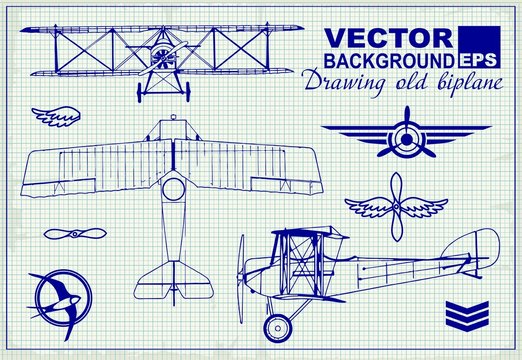 Vintage airplanes drawing on graph paper and design elements