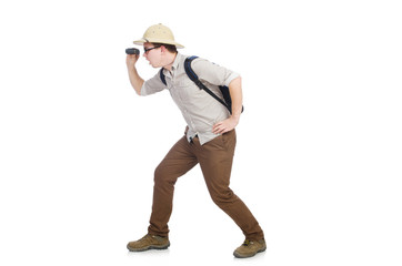 Man in safari hat in hunting concept