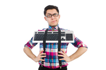 Computer nerd with keyboard isolated on white