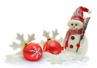 Snowman and Christmas ornaments on snow